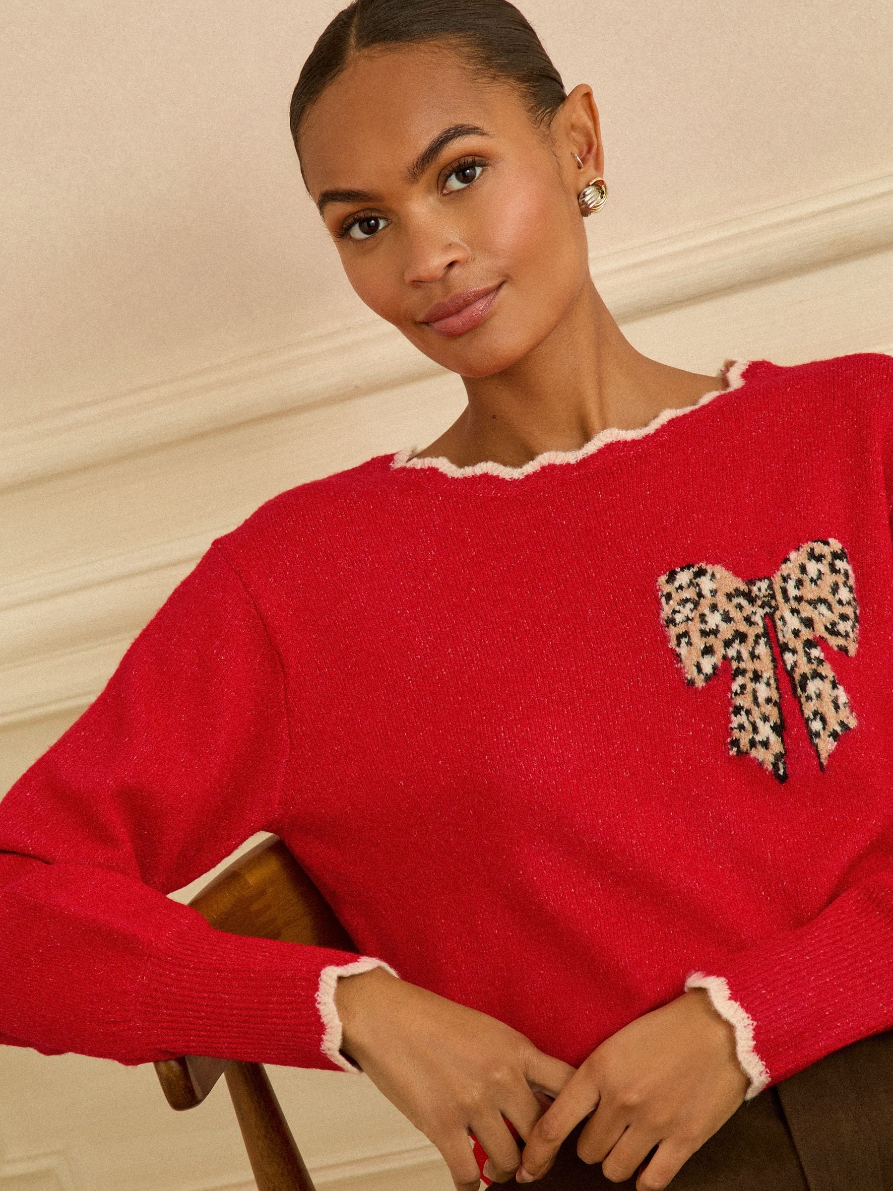 Rode strik met luipaardprint - Love & Roses Scallop Knitted Jumper