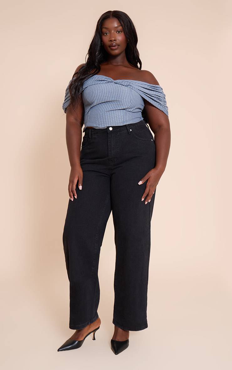 Gris Haut Bardot Grande Taille En Coton Rayé Avec Détail Torsadé