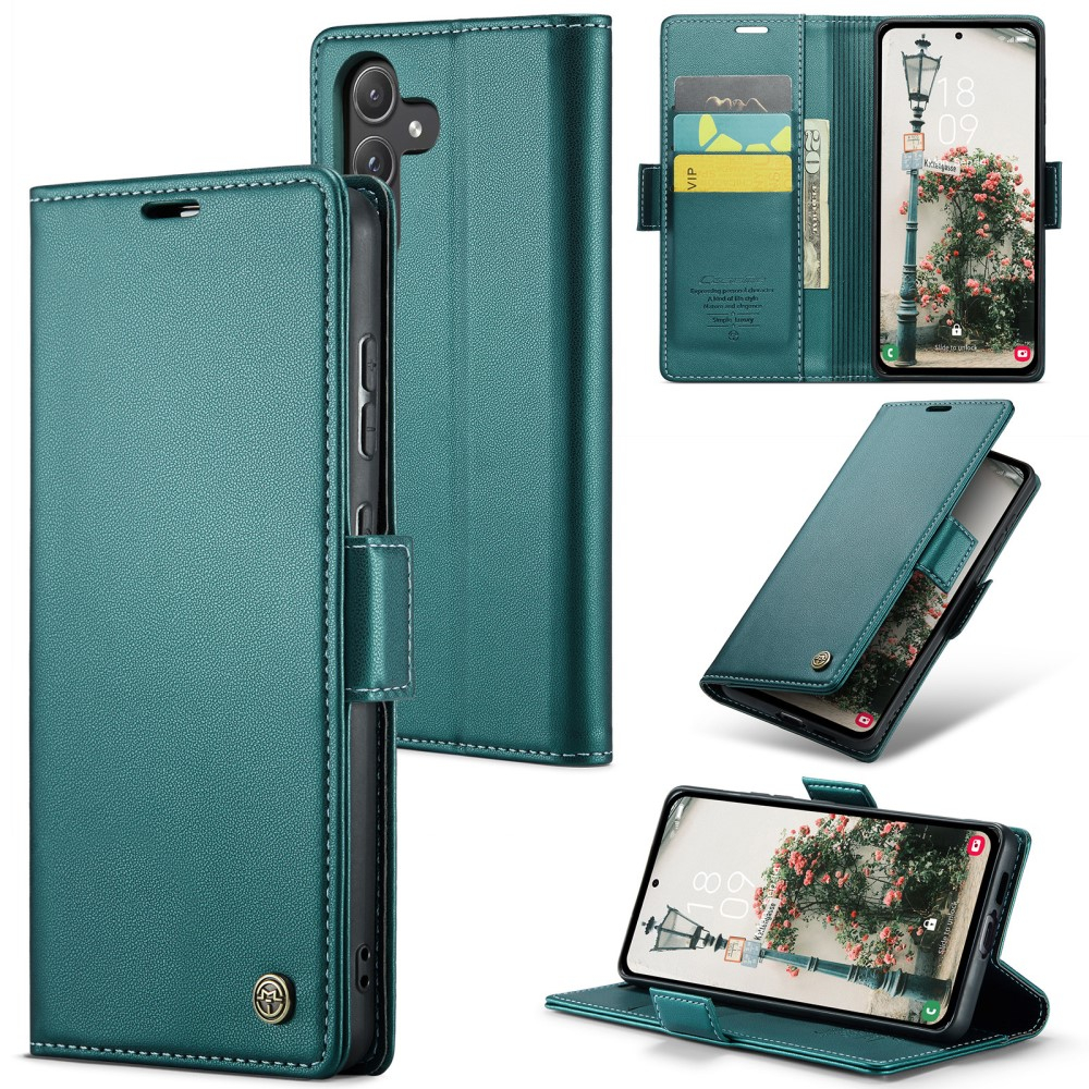 Samsung Galaxy A55 Leder Tasche Flip Wallet Etui mit Kartenfächern Litchi Look (RFID Schutz) - Grün