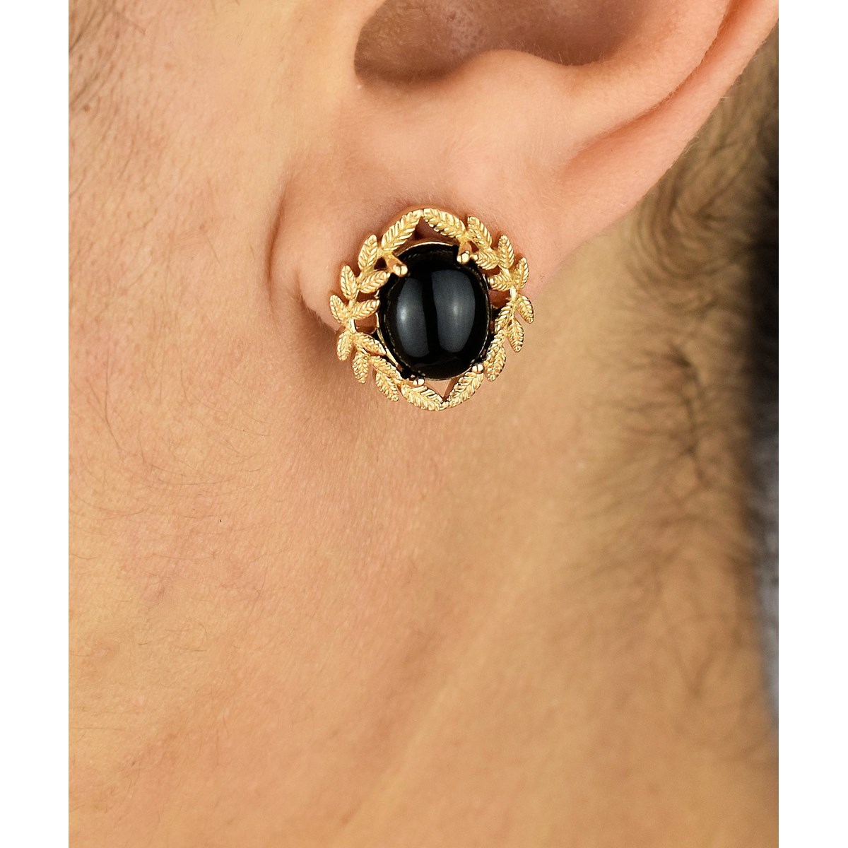 Boucles d'oreilles couronne de lauriers pierre naturelle Agate noire Plaqué or 750 3 microns