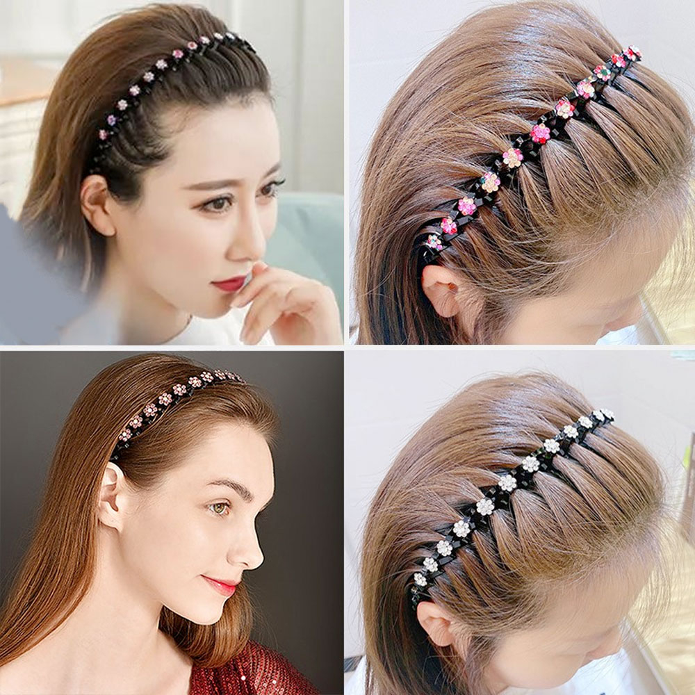 (Ø12cm) Wellen Haarband Strass Blumen Haarreif Haarschmuck - Schwarz / Silber