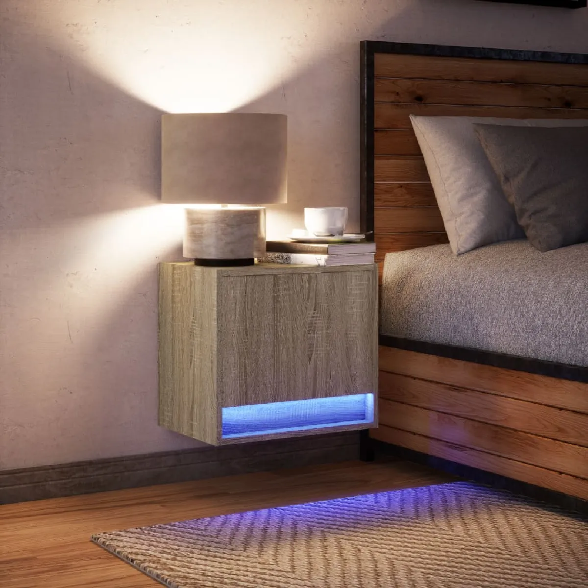 vidaXL Table de chevet murale avec lumières LED - Chêne sonoma