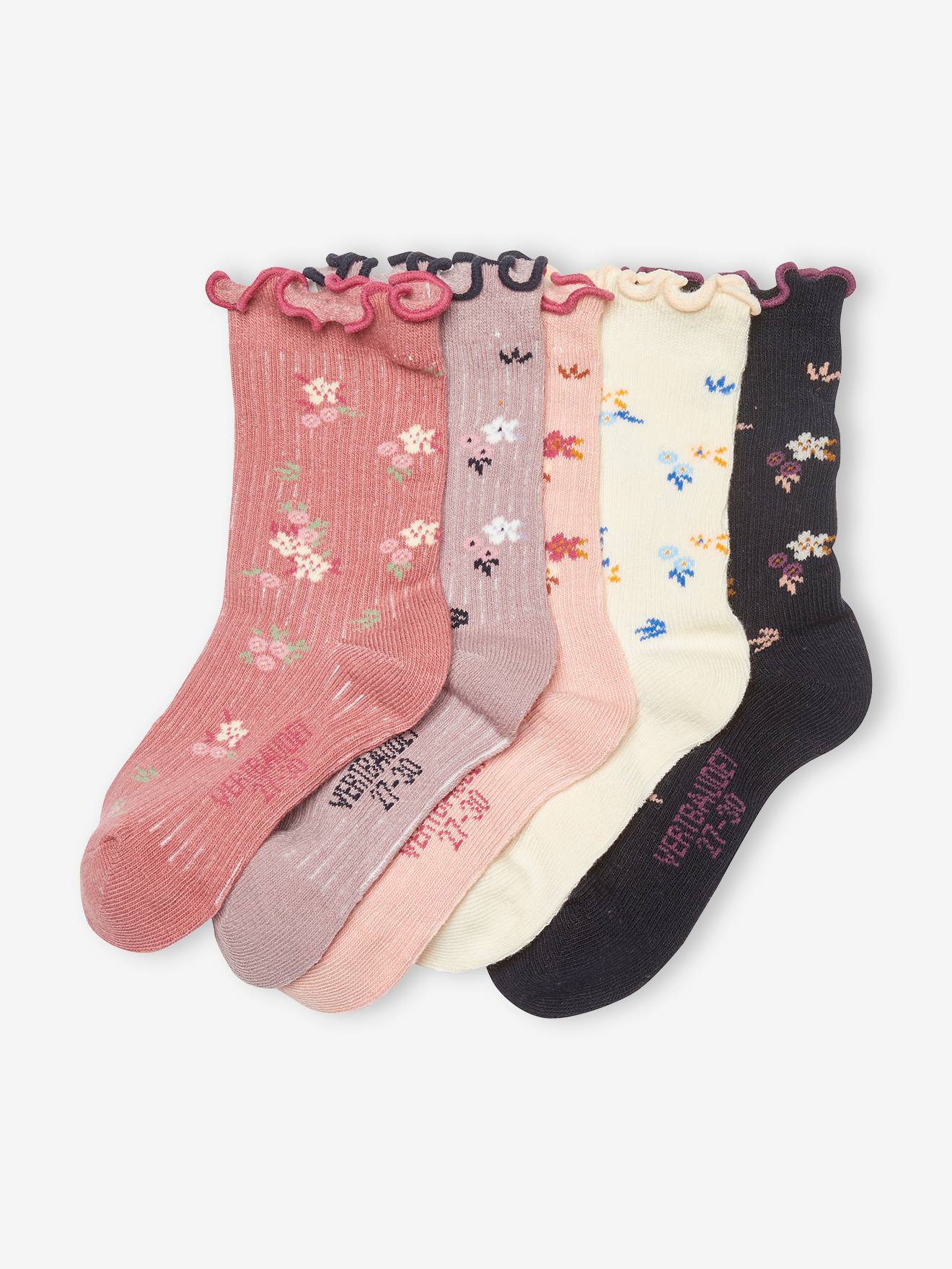 Pacote com 5 pares de meias florais com babados, azul-escuro bicolor/multicoloridas para meninas.