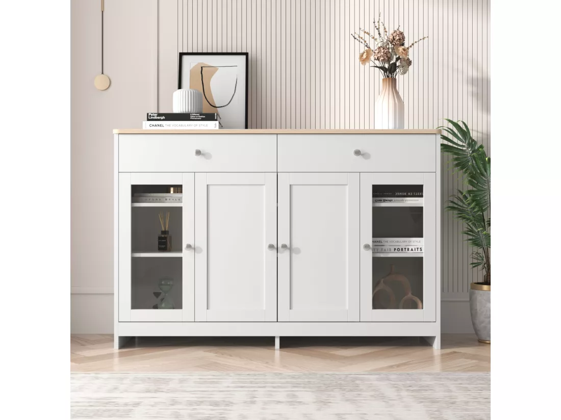 Buffet en bois blanc veiné 120 Lx37 Bx80H(cm) - Buffet avec 4portes avec verre et 2 tiroir pour cuisine, salon, salle à manger - Blanc
