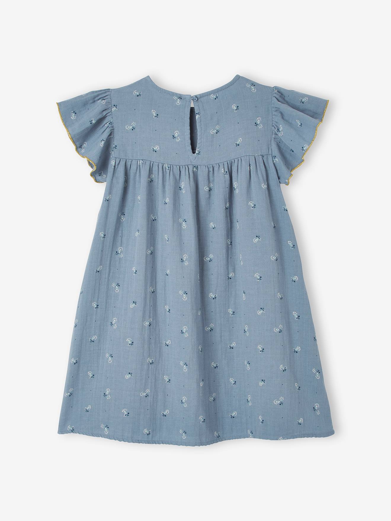 Vestido infantil de chiffon de algodão estampado com mangas borboleta, estampa azul claro.