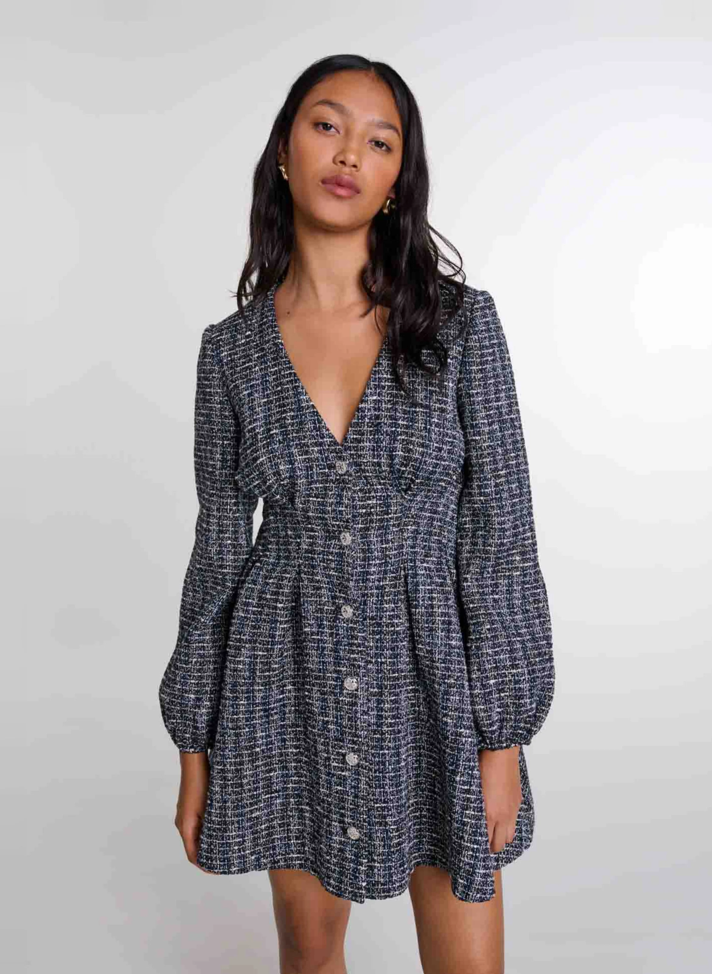 Robe chemise courte effet tweed | Noir