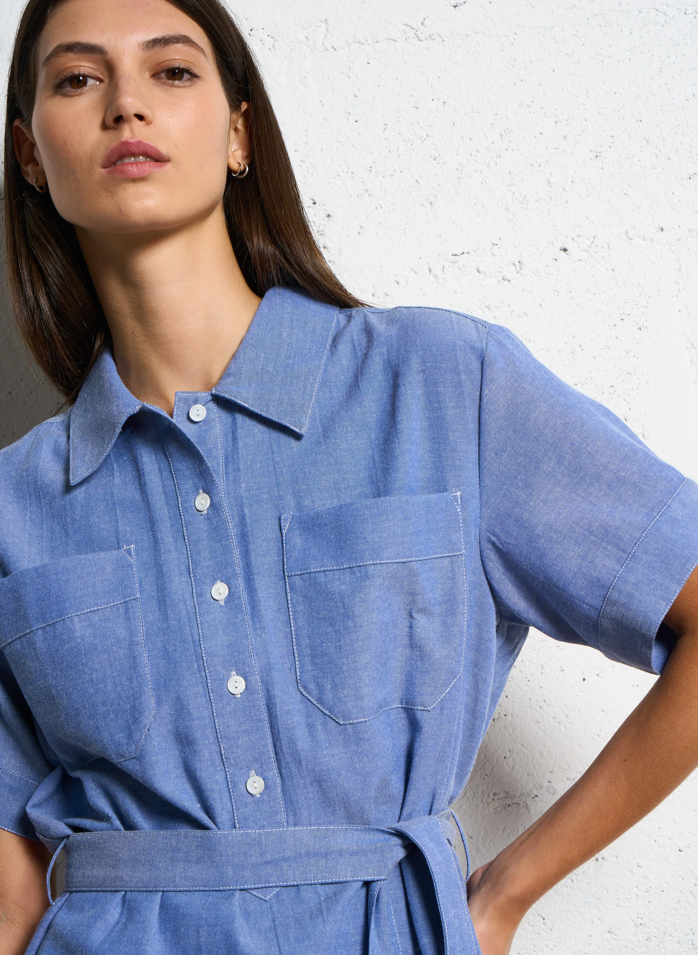 WINA - Robe courte col classique en coton mélangé | Bleu