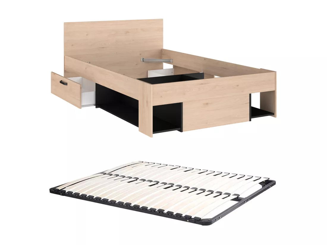 Lit 120 x 190/200 cm avec rangements - Coloris : Naturel et noir + Sommier - KINSELIA