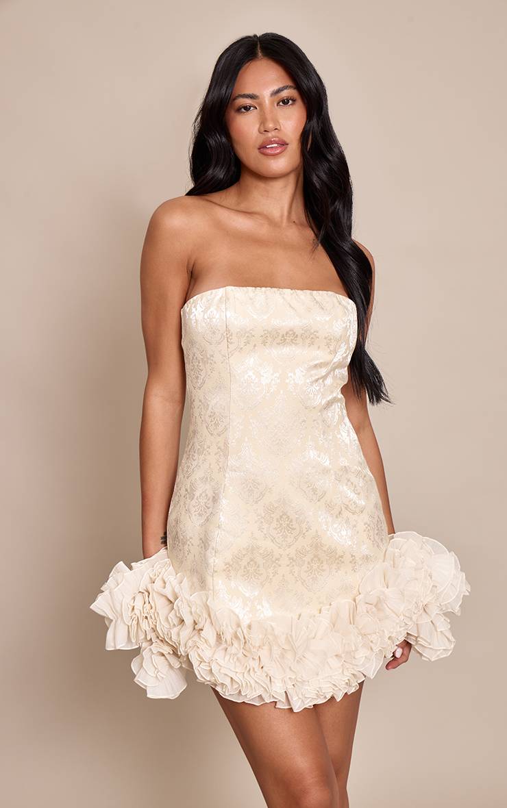 Crème Robe Mini Bustier À Volants Et Jacquard Brodé