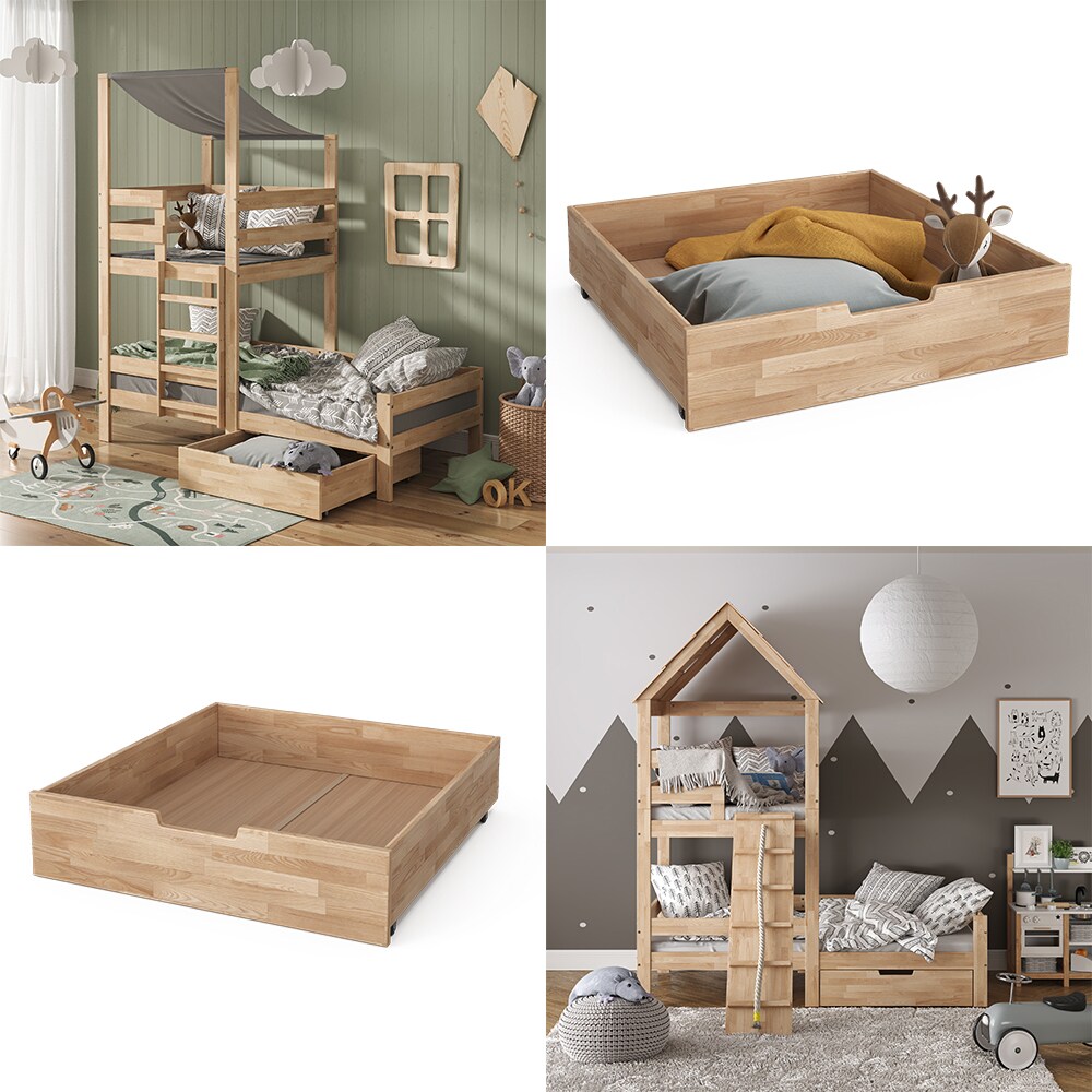 VitaliSpa Bettschublade Schubladenbett Aufbewahrung Teddy Tom Natur 92x21 cm Kinderzimmer Bett Zubehör Spielzeug Ablage Buche Massivholz rollbar Spielturmbett