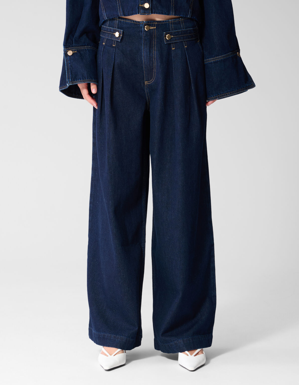 Pleated Button Wide Leg Fit Jeans Donkerblauw