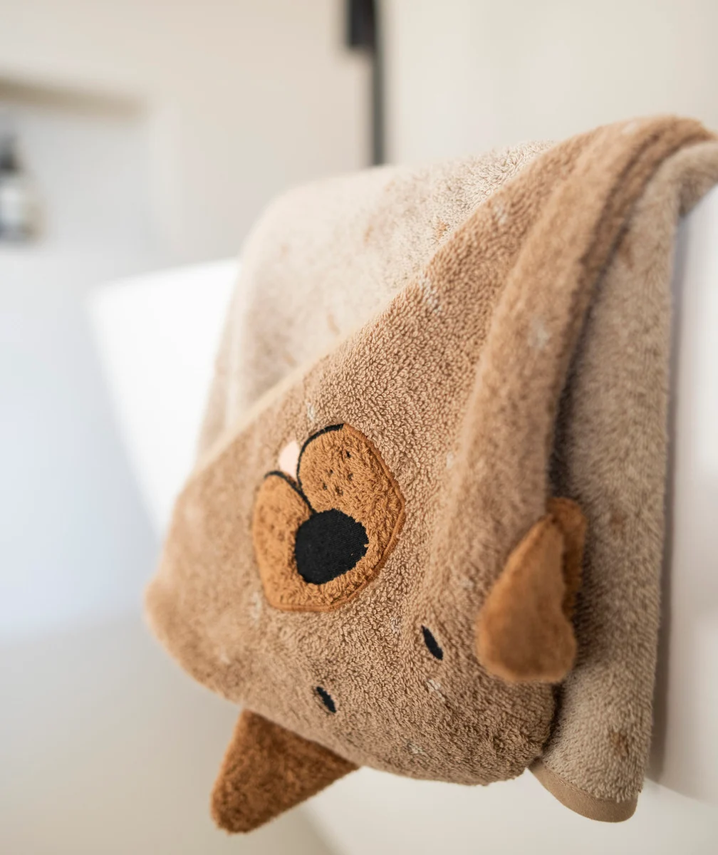 TRIXIECAPE DE BAIN BEIGE CHIEN EN COTON BIO BÉBÉ