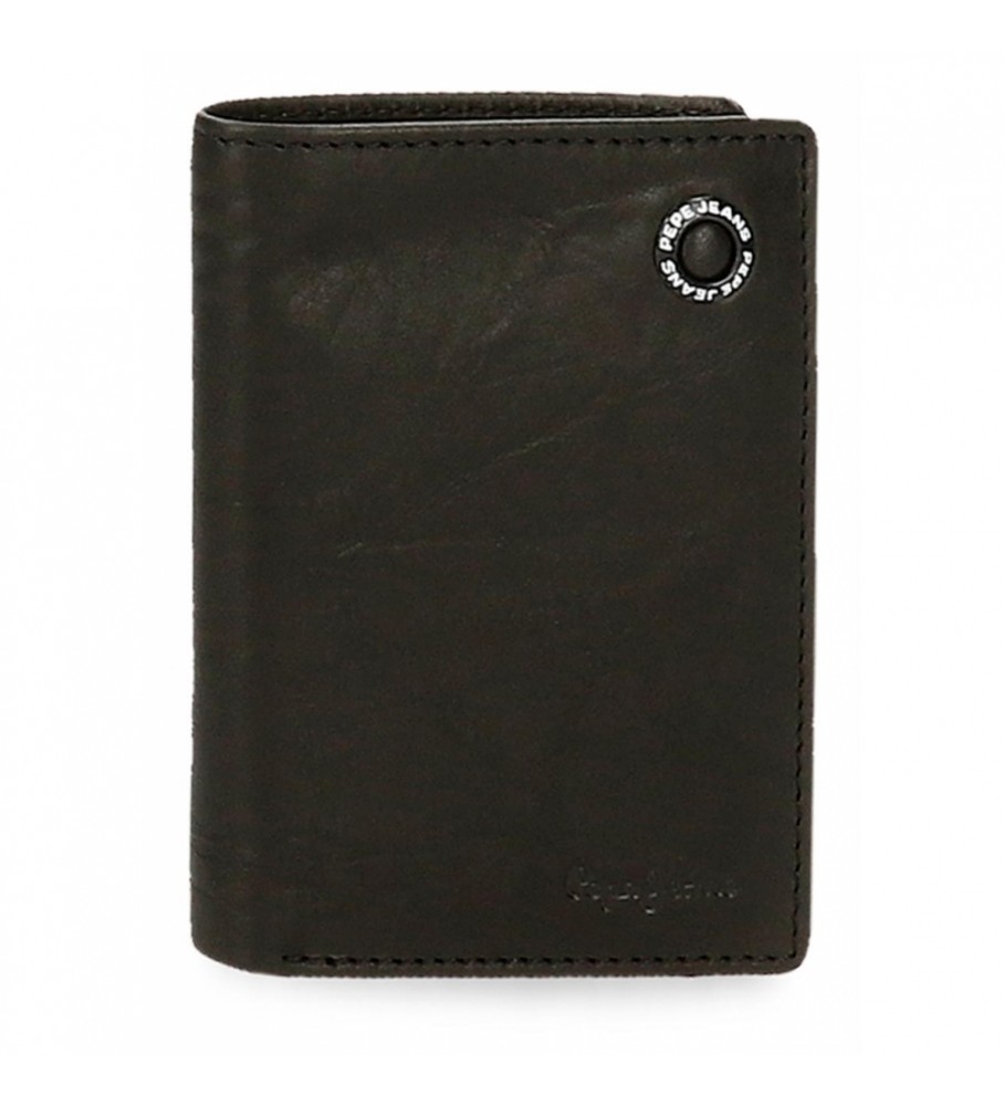 Carteira vertical Pepe Jeans em couro, com porta-moedas, preta - 8,5 x 11,5 x 1 cm -
