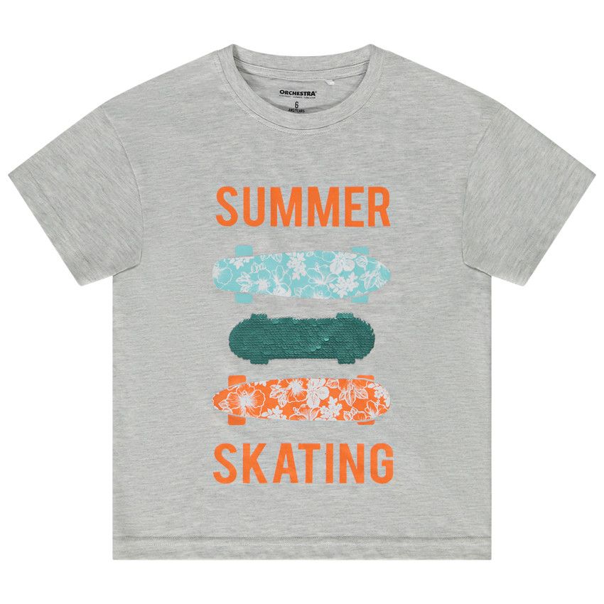 T-shirt manches courtes print et sequins magiques skate pour garçon - Gris chiné