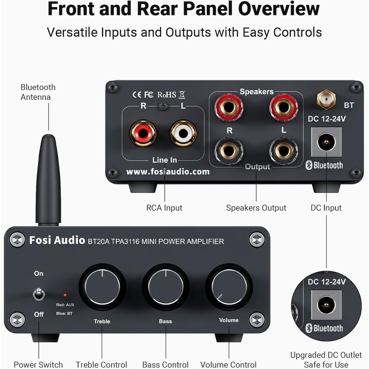 Fosi Audio Bluetooth 5.0 & R/L forsterker 100W x 2 med volum-, bass- og diskantkontroll, svart