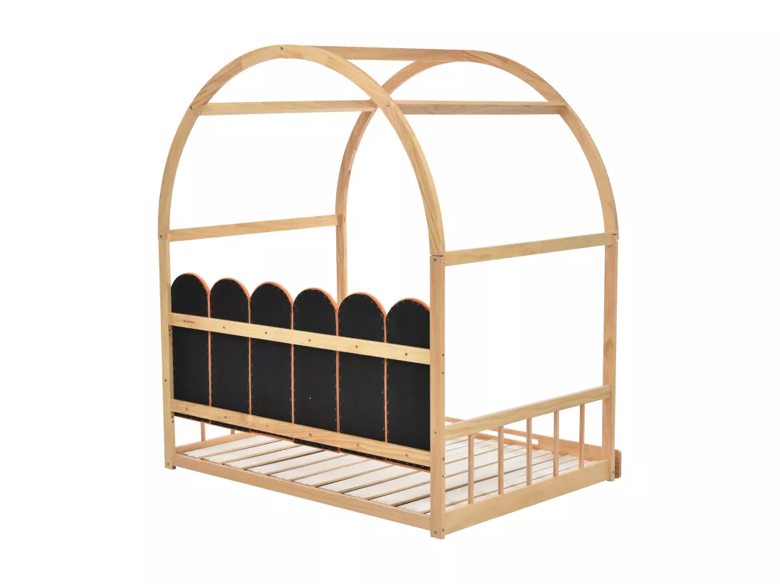 Lit gigogne 140x100/200cm en bois massif - avec tête en velours et sommier à lattes - Orange