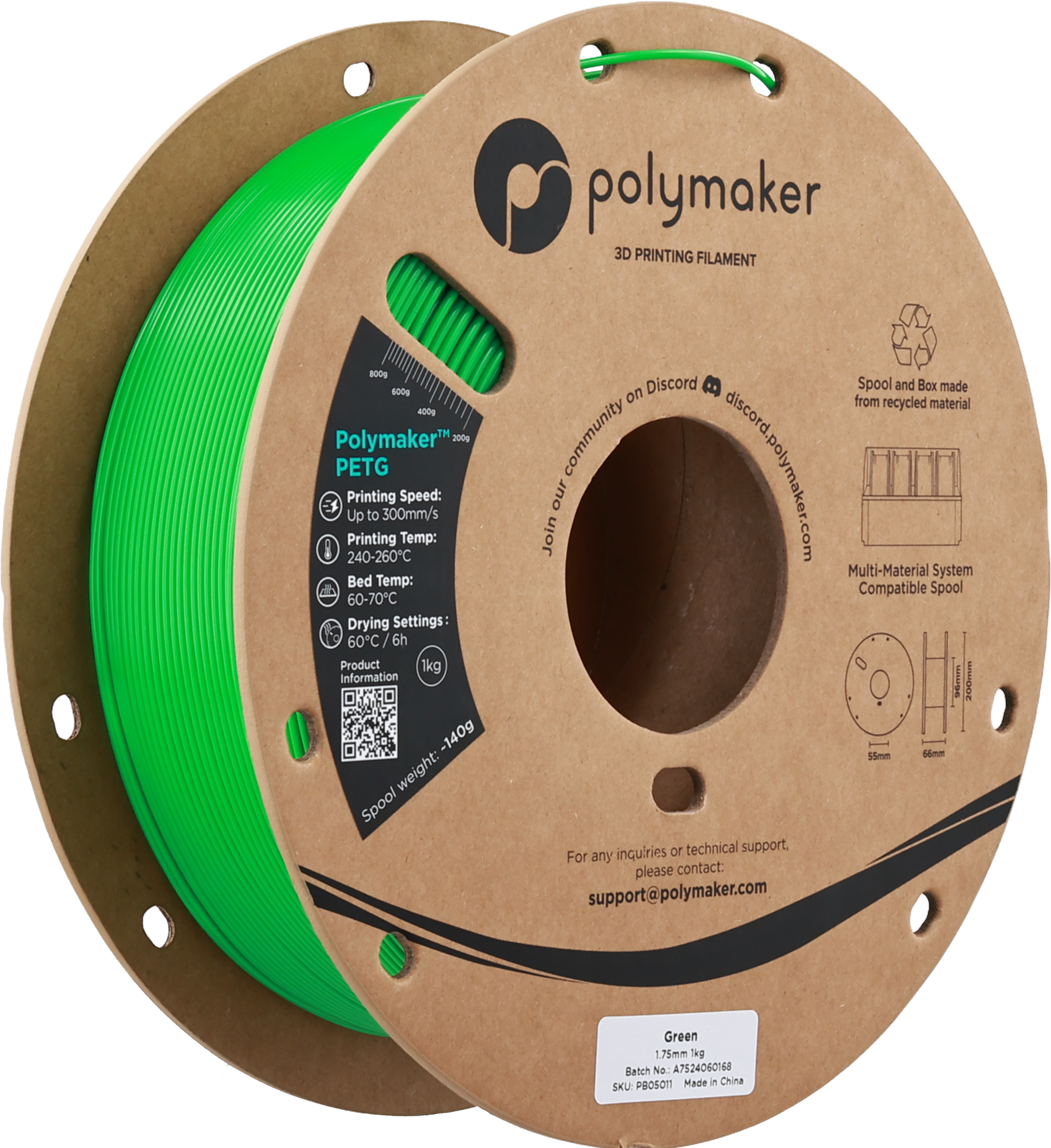 Polymaker  PETG Green, 1,75 mm / 1000 g    Robustes PETG optimiert für High Speed Druck in Green