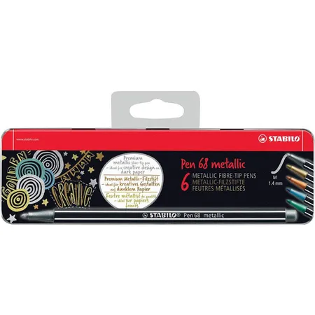 Premium Metallic-Filzstift - STABILO Pen 68 metallic - 6er Metalletui mit Hängelasche - 2x silber, je 1x gold, kupfer, metallic blau, metallic grün