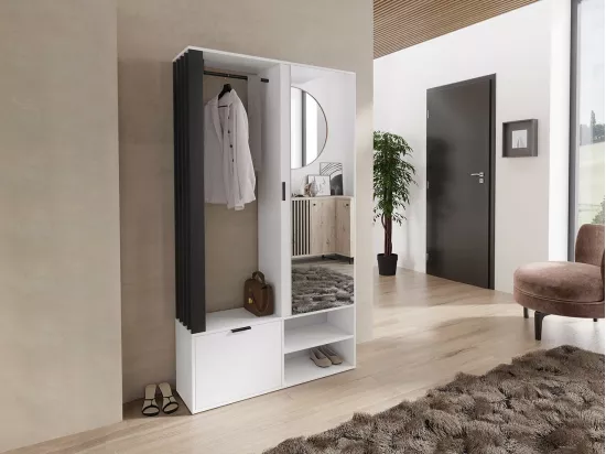 Meuble d'entrée Stanton 145, 190x100x33cm, Miroir, Noir|Blanc, Stratifié, À poser