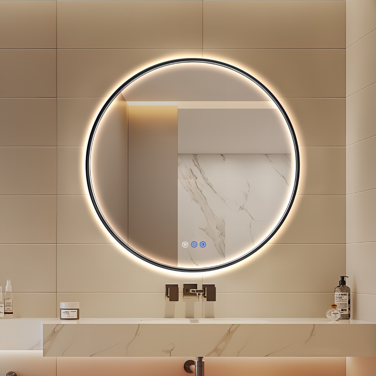Saniclear Circle Black 2.0 ronde spiegel met verwarming, direct en indirect licht mat zwart 80cm