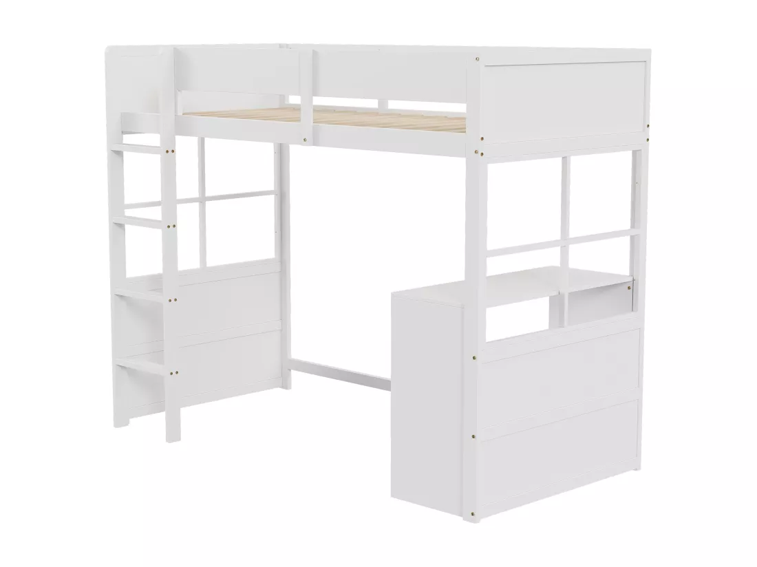 Lit mezzanine 90 x 200 cm avec avec bureau & échelle - bois MDF - blanc (sans matelas)