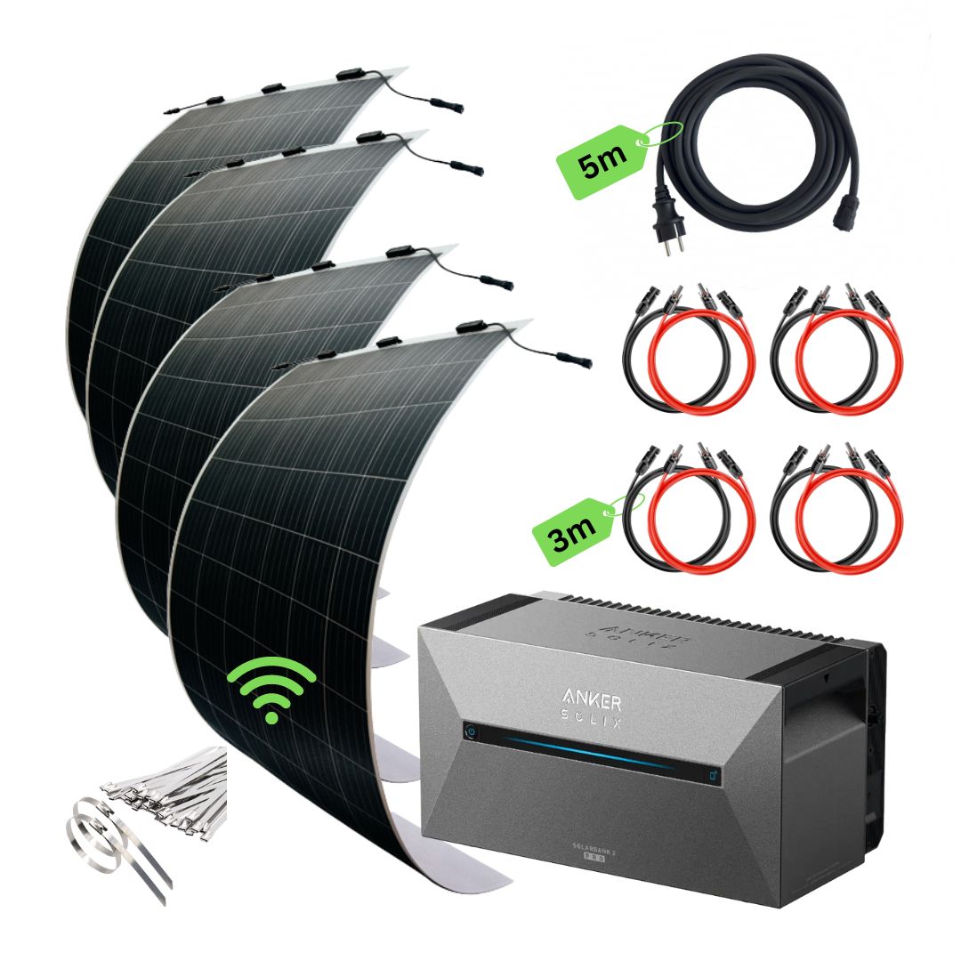 Ultraleicht Balkonkraftwerk1240W mit Speicher 4 leichte Solarmodule (nur 5kg) – Anker Solarbank 2 PRO – Steuerungseinheit mit WLAN integriert – anschlussfertig
