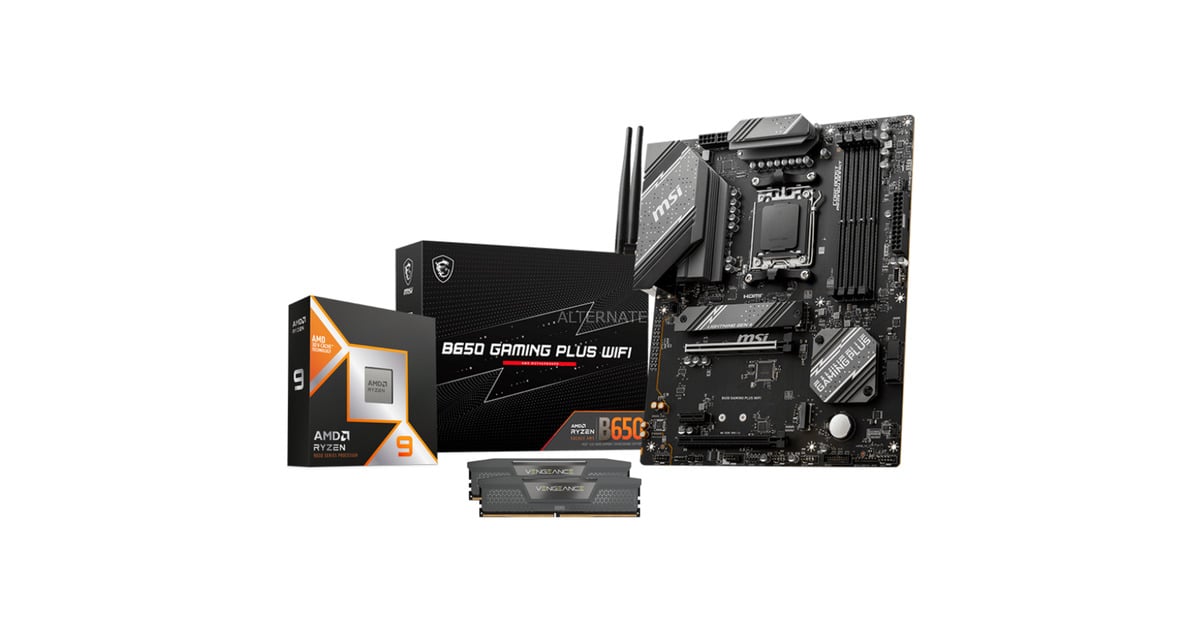 ALTERNATEUpgrade Kit B650 GAMING PLUS WIFI / Ryzen 9 9900X3D / 32 GB  (Zwart, Moederbord, CPU, Geheugen)