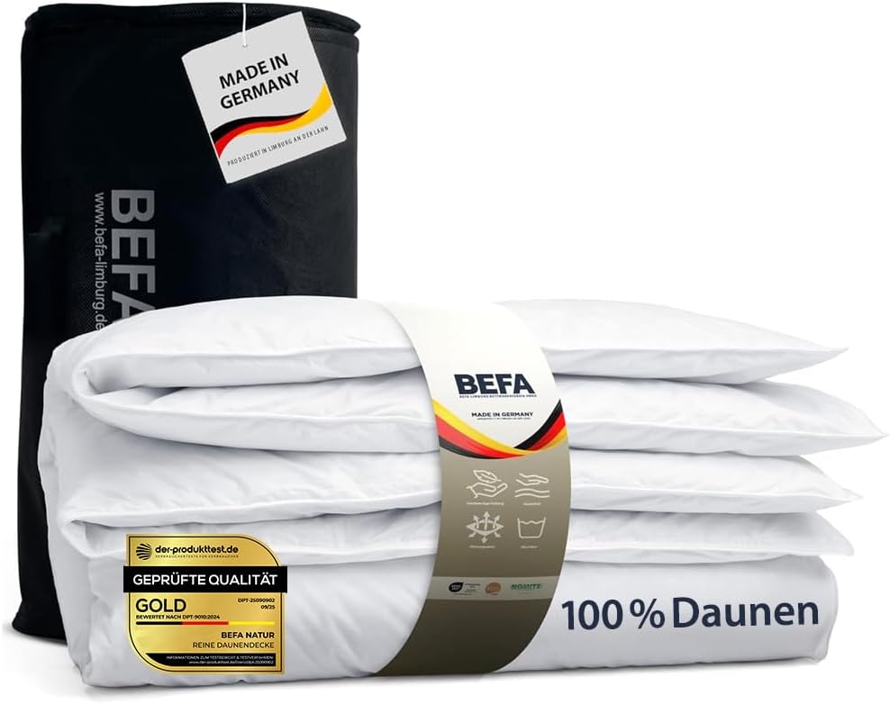 BEFA NATUR Reine Daunendecke Ganzjahr 135x200 cm | 100% Daunen | 560g Füllgewicht | Allergiker geeignet (NOMITE) | Tierwohl (DOWNPASS) | Oeko-TEX Klasse 1 | Made in Germany