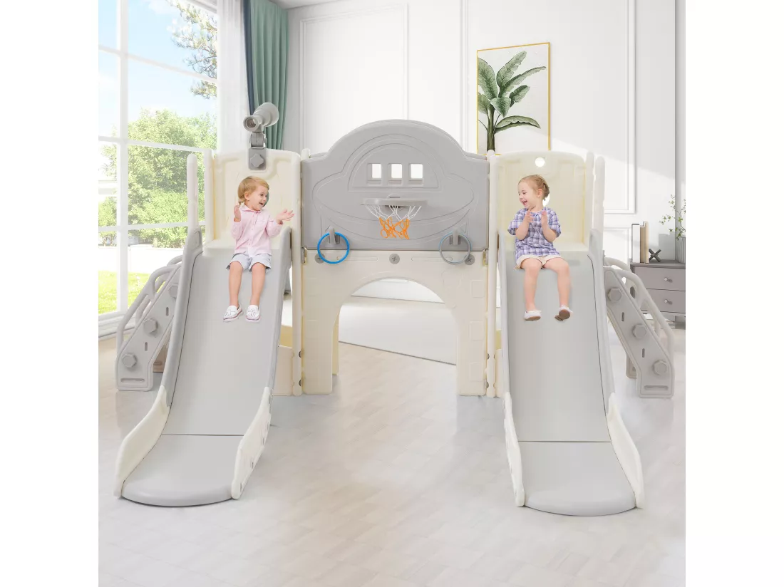 Aire de jeux pour enfants 8 en 1 avec toboggan, mur d'escalade, jeu de trous de forage, sol gris