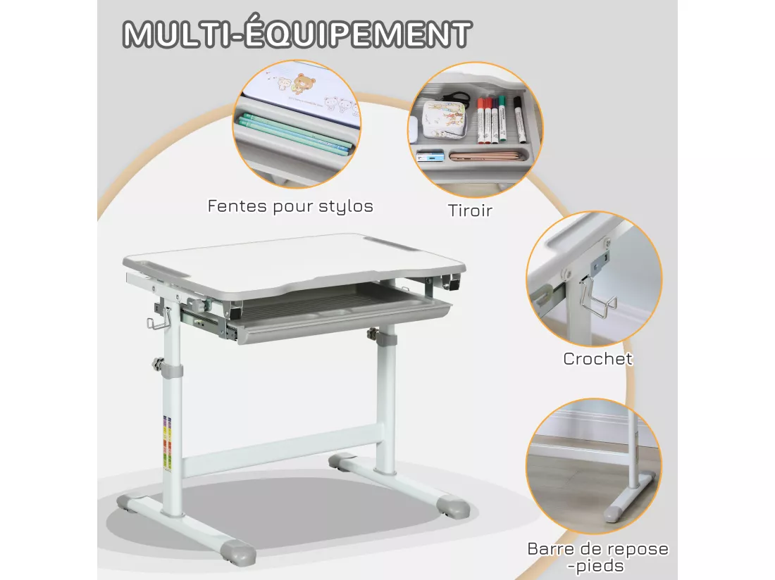 Ensemble bureau chaise enfant réglable - plateau inclinable, tiroir coulissant - acier PP gris blanc