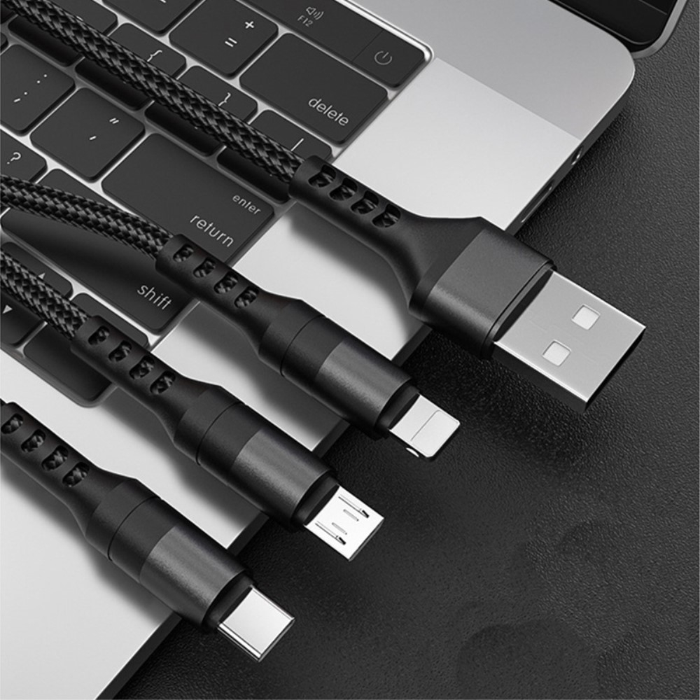 (1.5m) 3A 3in1 USB A auf USB C / Lightning / Micro USB Ladekabel Nylon Datenkabel - Schwarz