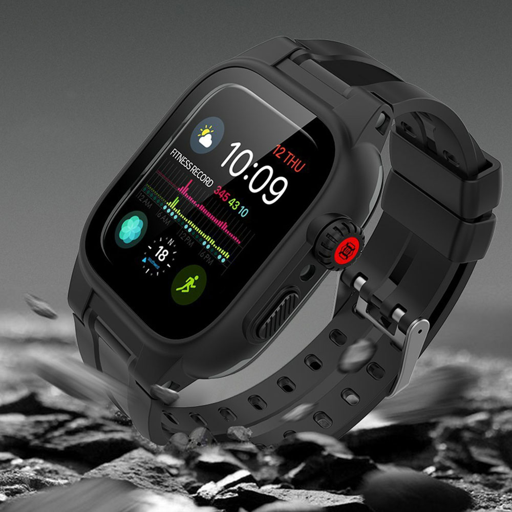 3in1 Apple Watch (44 mm) Wasserfestes Silikon Armband mit Bumper Case   Display Schutz (Gelenkumfang 170-250mm) - Schwarz