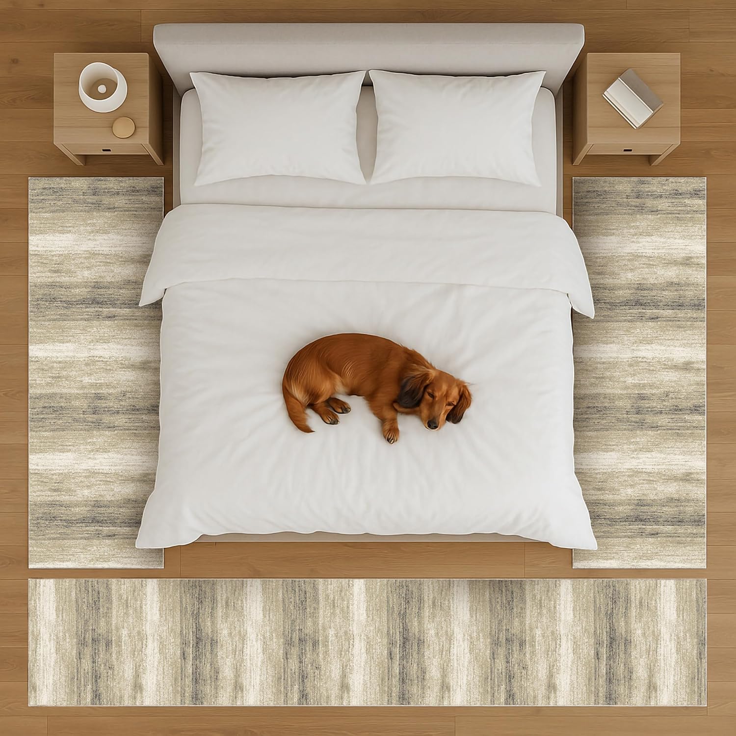 oKu-Tex Bettumrandung Set 3-teilig [67x340 cm | 2 mal 67x140 cm] Beiger Bettvorleger, meliert - weicher Kurzflor pflegeleicht - Bettvorleger Schlafzimmer - Modernes meliertes Design - Deutsche Marke