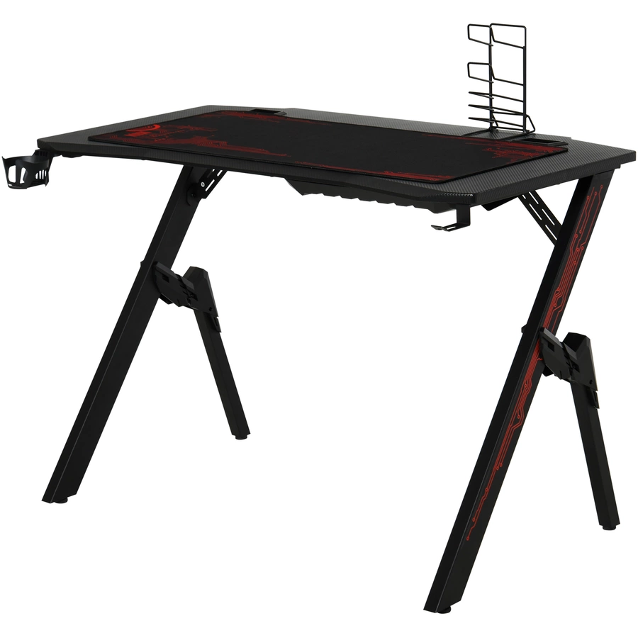 HOMCOM Gamingtisch mit Headset-Haken und Getränkehalter rot, schwarz