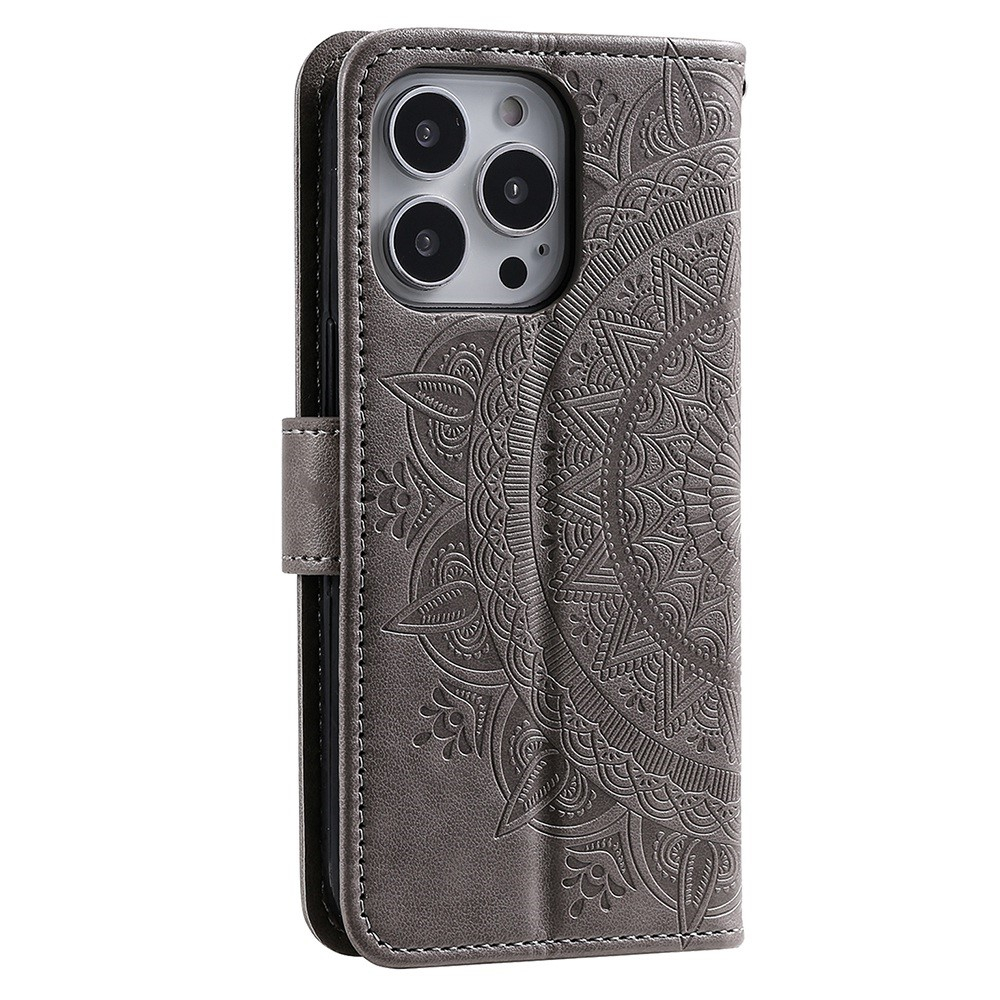 iPhone 14 Pro Leder Tasche Wallet - Mandala Flowers Imprint - Grau
