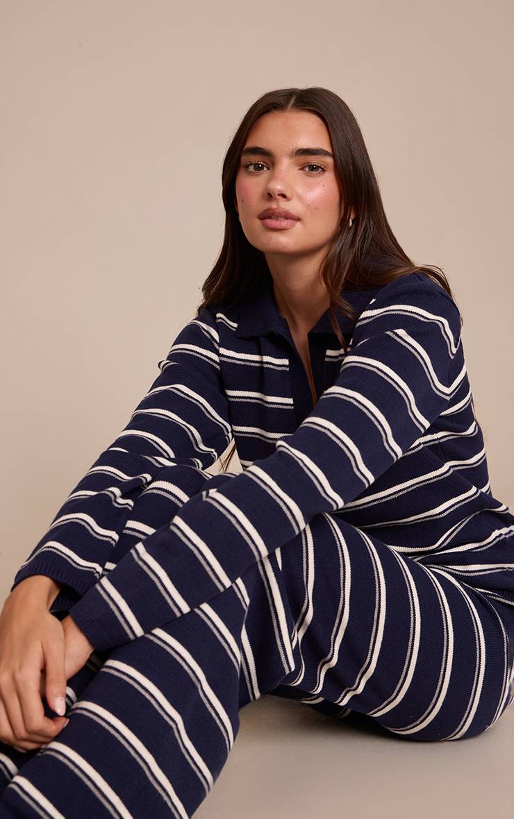 Bleu Marine Haut En Maille Rayé Style Rugby
