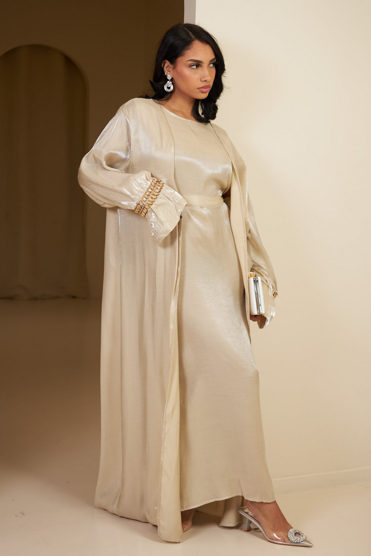 Ensemble 2 pièces abaya + gilet + voile satinée et pailletée beige