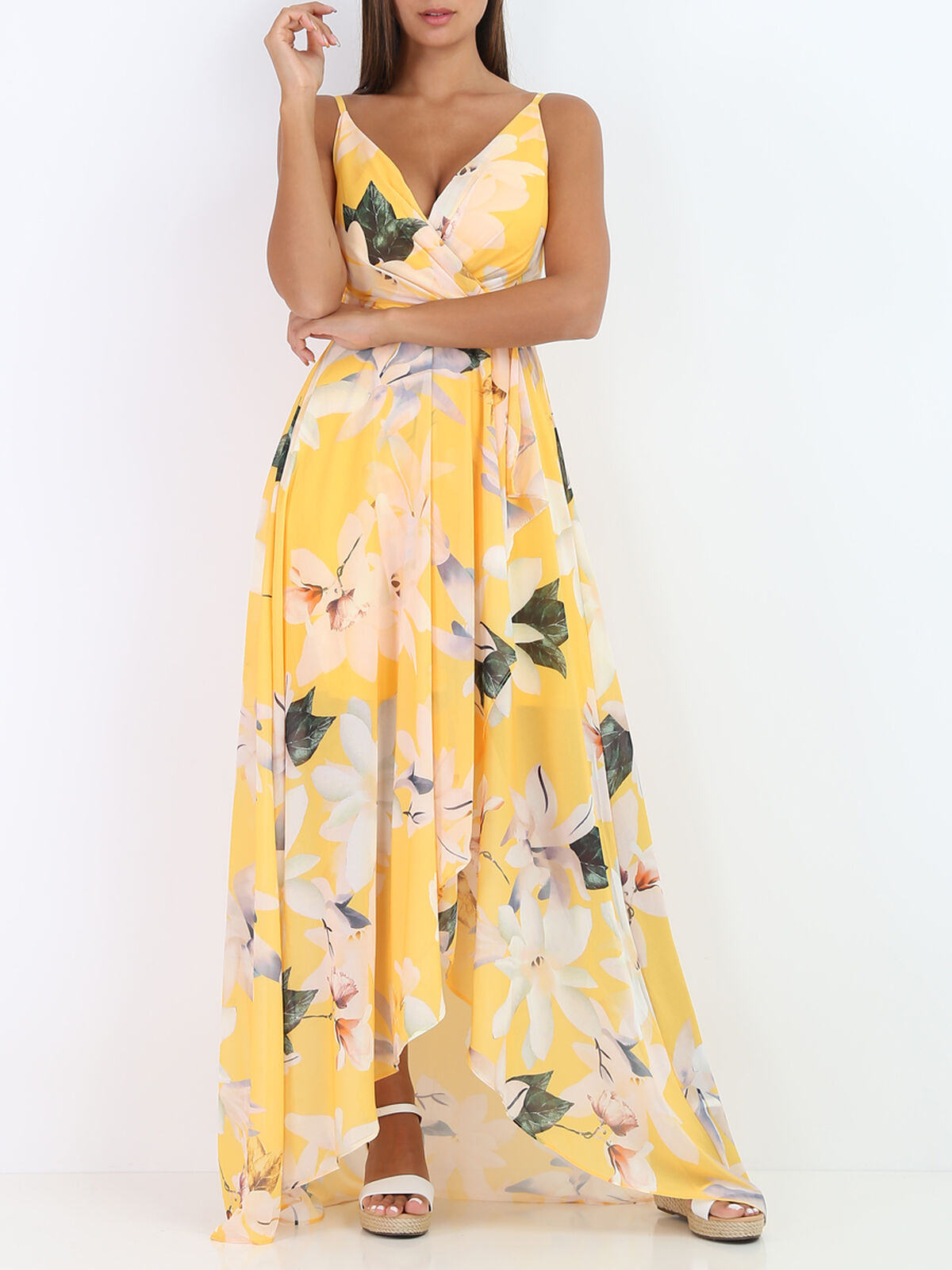 Robe longue fendue asymétrique à fleurs- Jaune