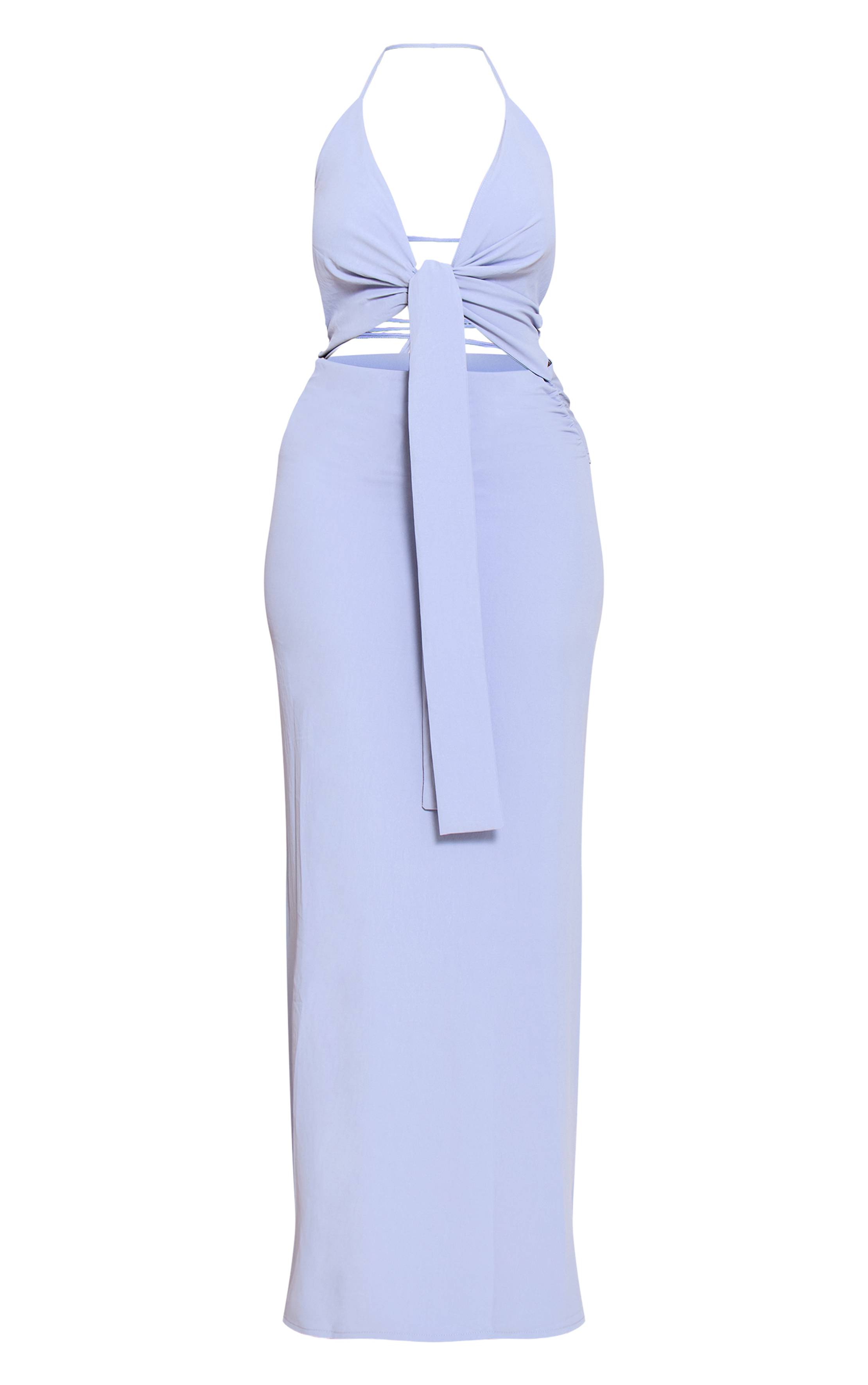 Bleu Robe Longue Shape À Encolure Américaine Drapée En Satin Martelé