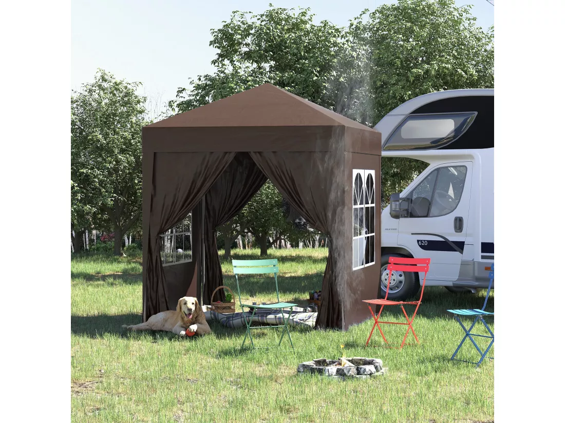 Tonnelle de jardin tente pliante barnum pop-up 2 x 2 m 4 parois latérales amovibles 2 fenêtres sac de transport chocolat