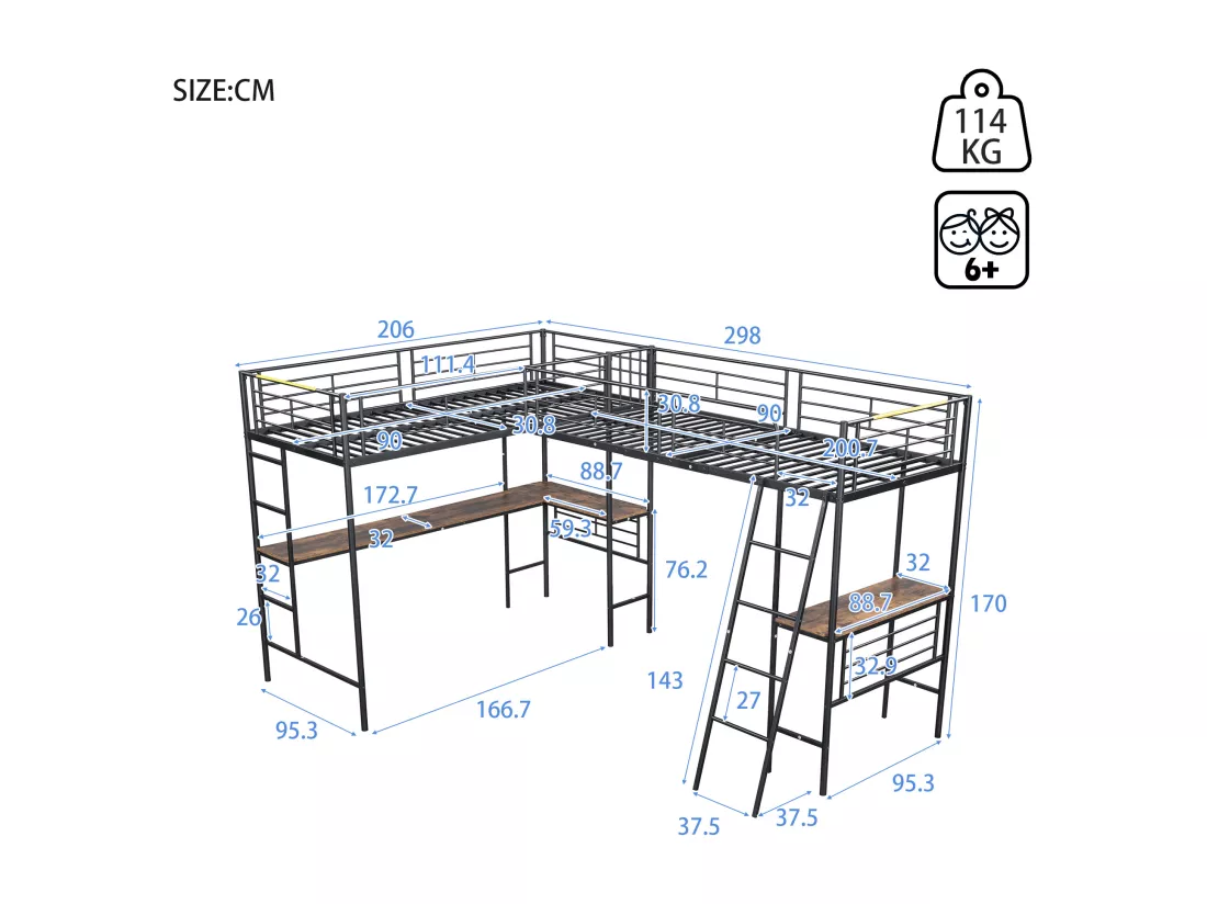 Lit mezzanine 2 places - 2 x 90 x 200 cm - avec bureau d'angle et échelles - métal - noir
