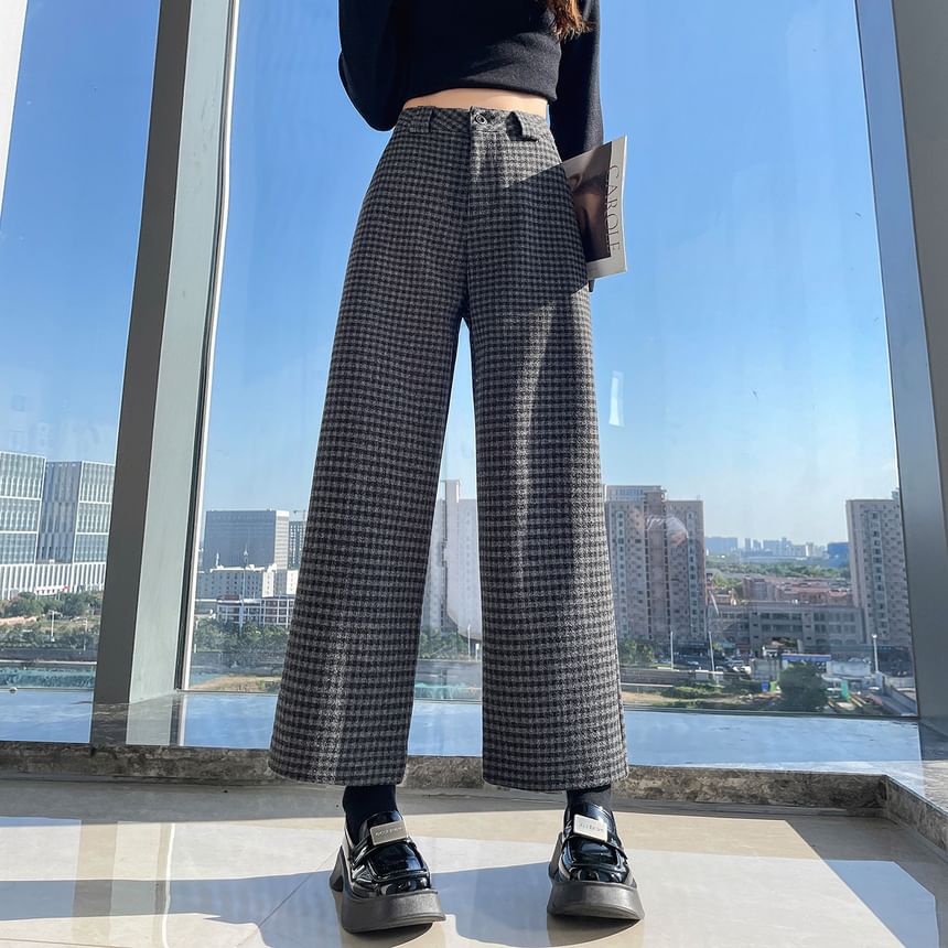 Jaqmine - Hoge taille geruite cropped wijde broek