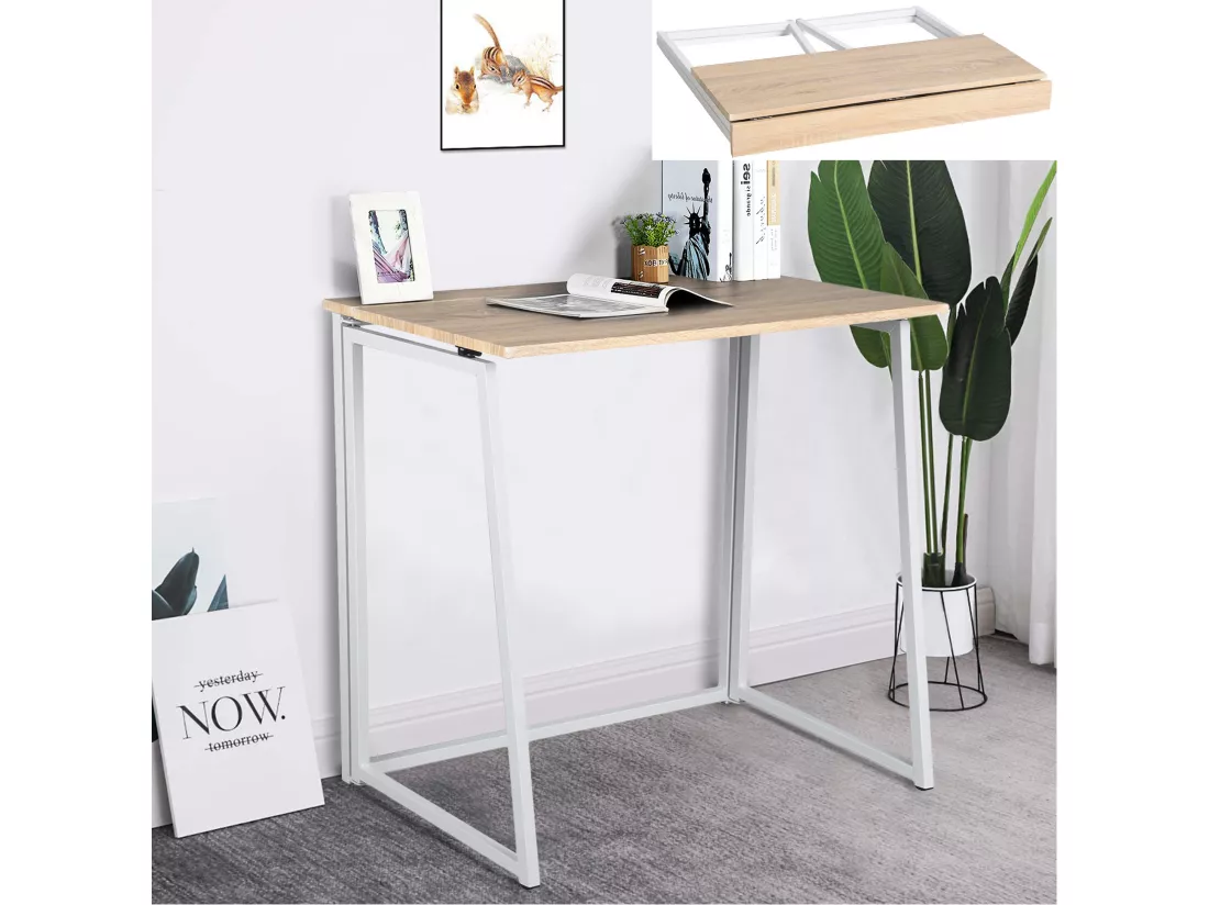 Bureau Pliable Imitation Chêne et métal Blanc Style Industriel
