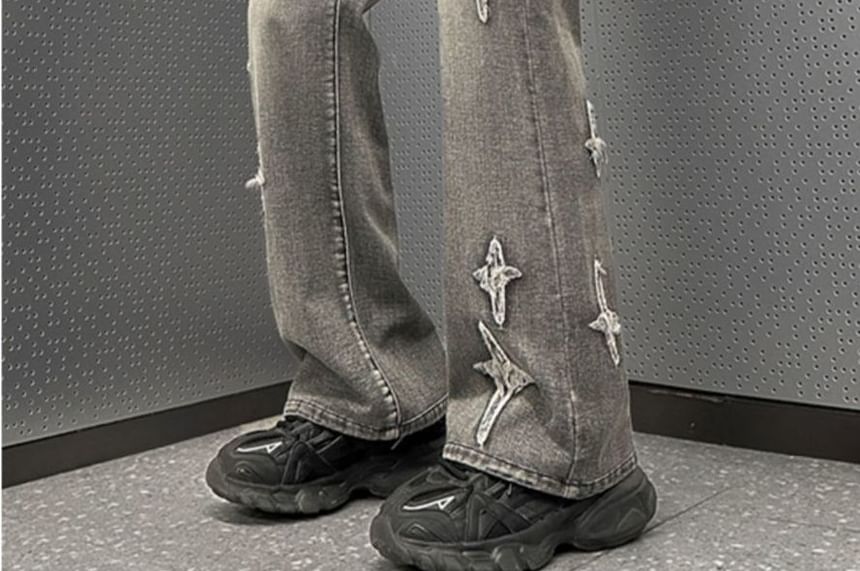 Bay Go Mall - Mid Rise Washed Star Embroidered Wide Leg Jeans