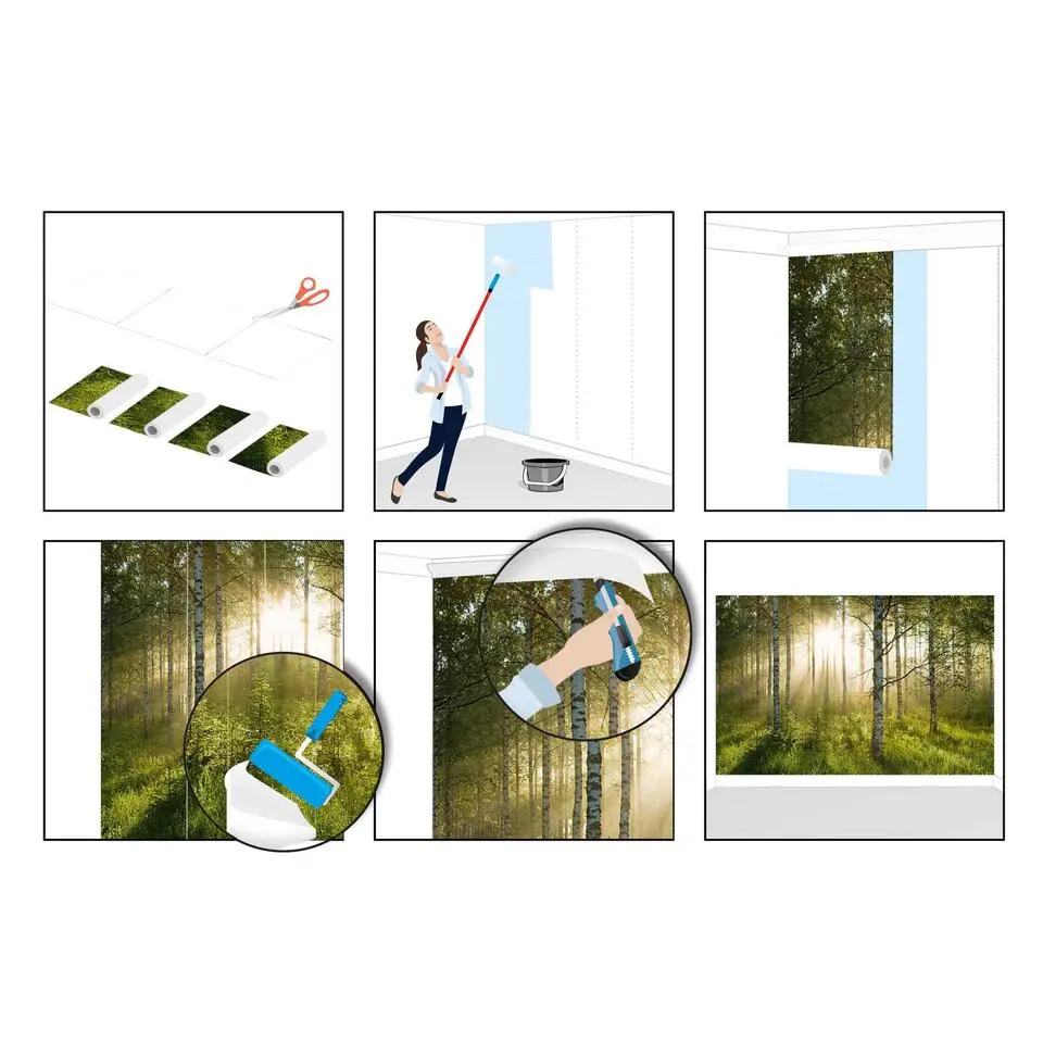 Fotobehang Zonnestralen in berkenbos - 260x384cm - Groen