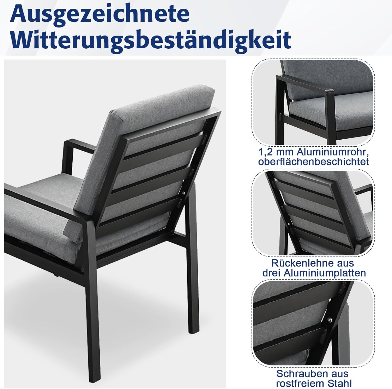 Atenza Gartenmöbel Set 6 Personen, 6+1 Aluminium Tisch und Stühle Set, 6 Sessel, 1 WPC Esstisch, inkl. Auflagen, Wetterfest Terrassenmöbel für Garten Terrasse Balkon (Schwarz, 6 Sessel+1 Esstisch)