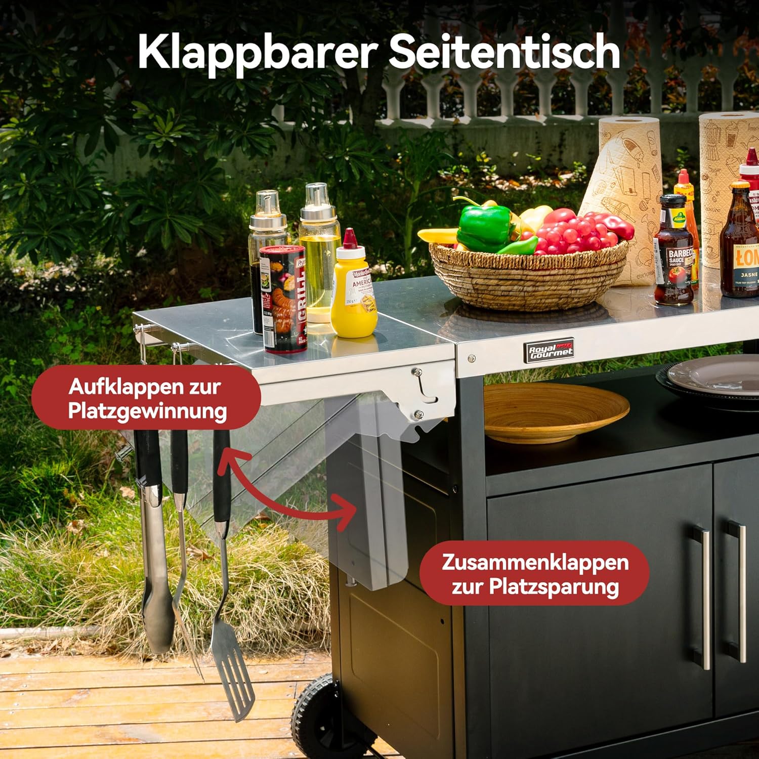 Royal Gourmet Grillwagen mit Klappbarem Seitentisch Grilltisch mit Handtuchgriff, Unterschrank, Grill Trolley mit Edelstahl Tischplatte, Servierwagen mit Rollen