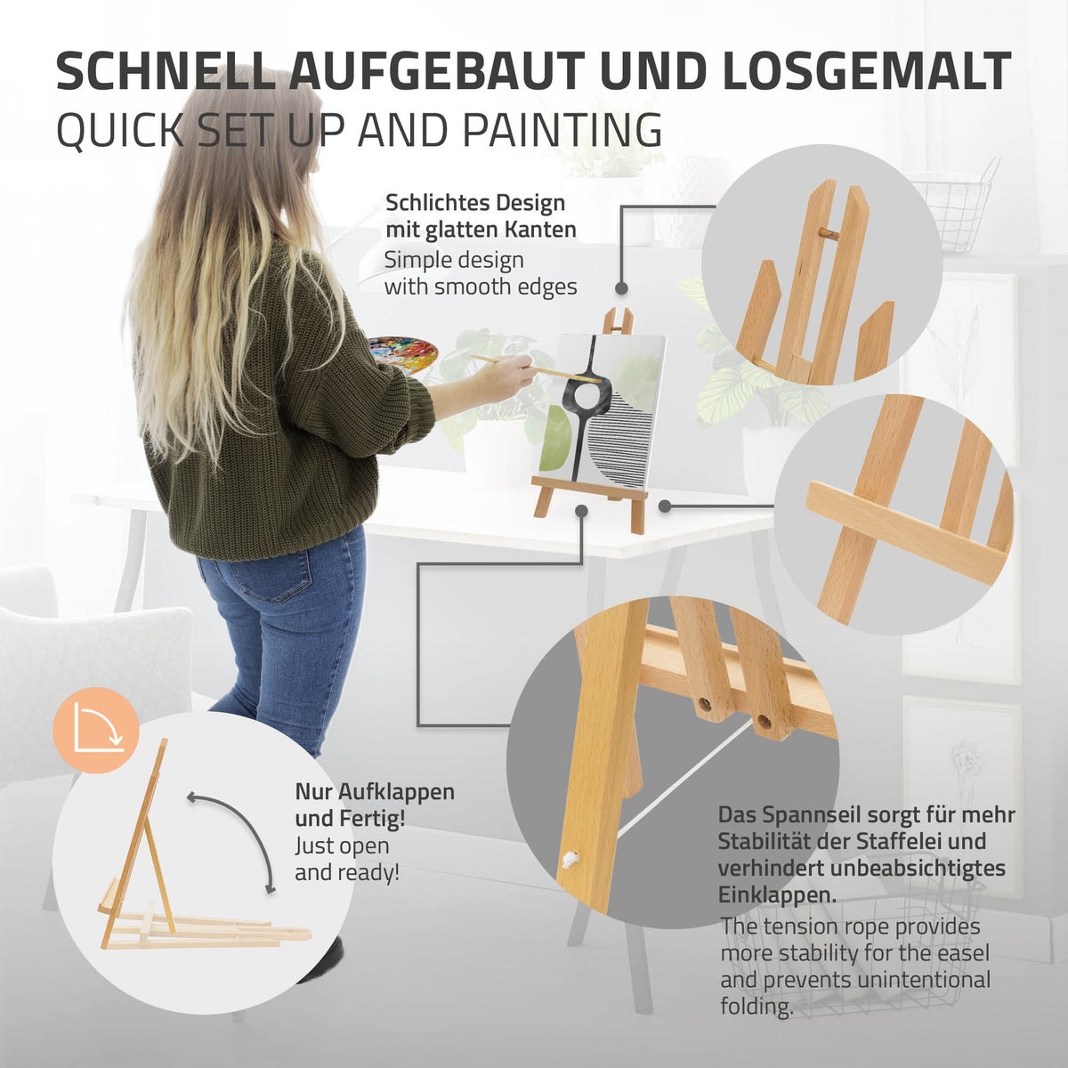 ECD Germany Opvouwbare tafel-ezel, Verstelbare houten zitting-ezel, Mini-schilder-ezel voor canvassen en spieraam tot 40 cm, Draagbare schilder- en presentatie-ezel, Houten ezel voor schilderijhouders