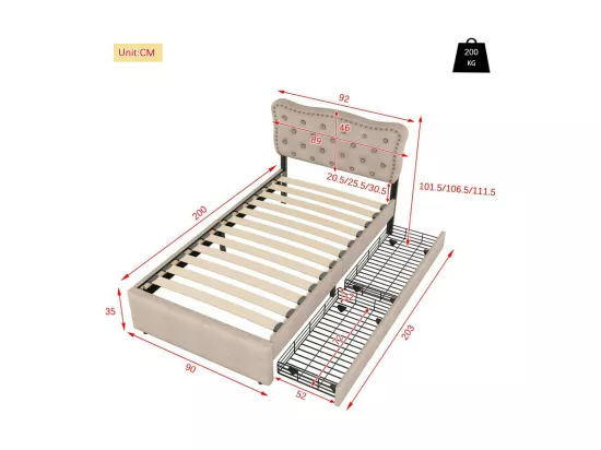 Lit capitonné en tissu de lin avec 2 tiroirs - 90x200cm - tête de lit décorée de rivets - Taupe
