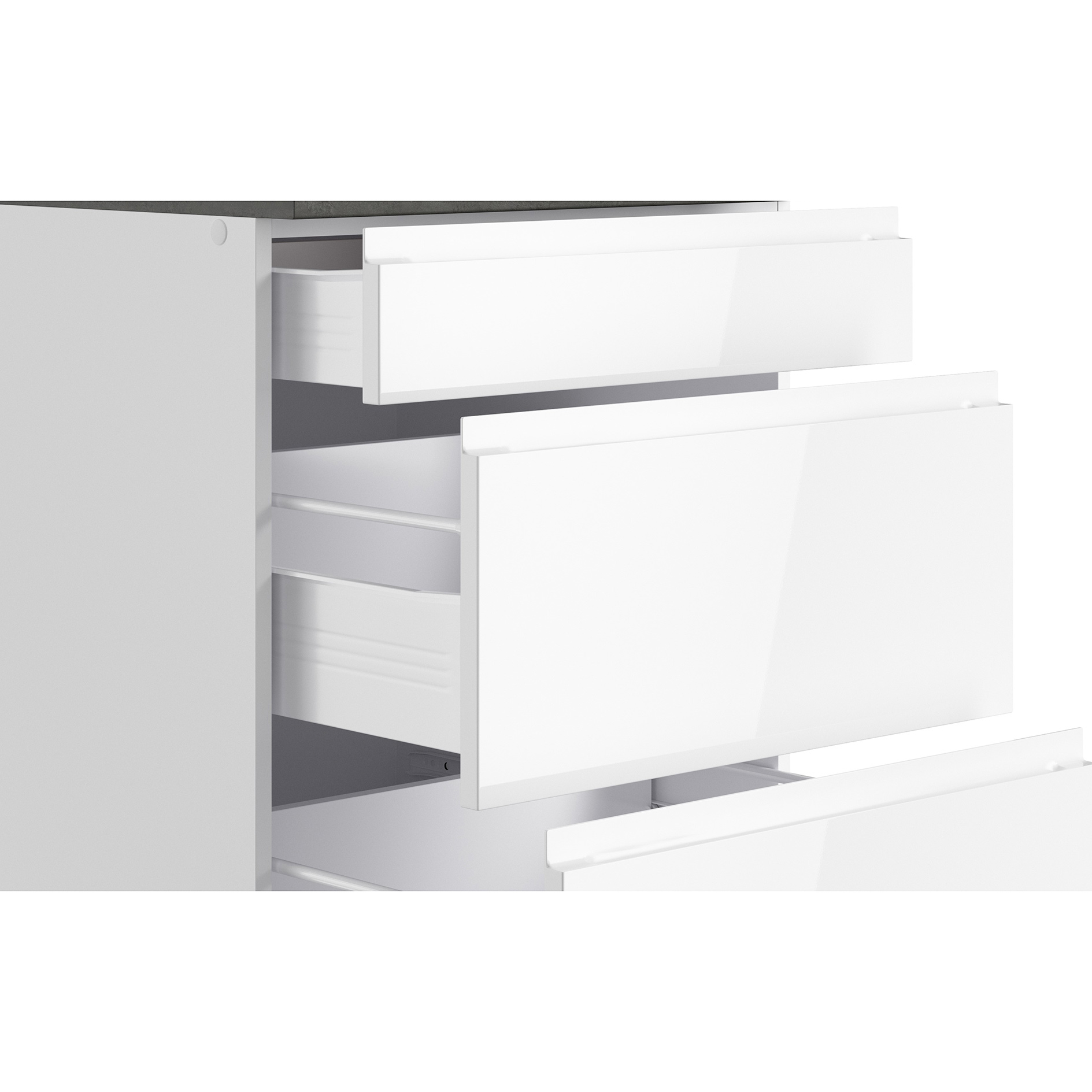 Küchenblock MONZA - weiß Hochglanz - Beton-Optik - mit E-Geräten - Glaskeramikkochfeld - 300 cm